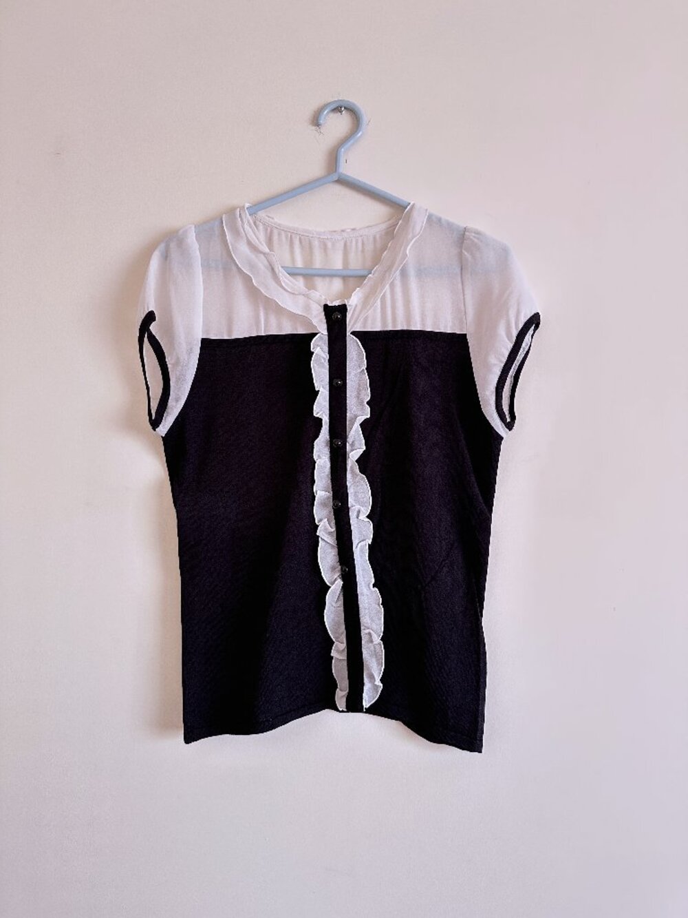 Black and White Short Sleeve Mix Media Top/Blouse with Button and Ruffle Detail